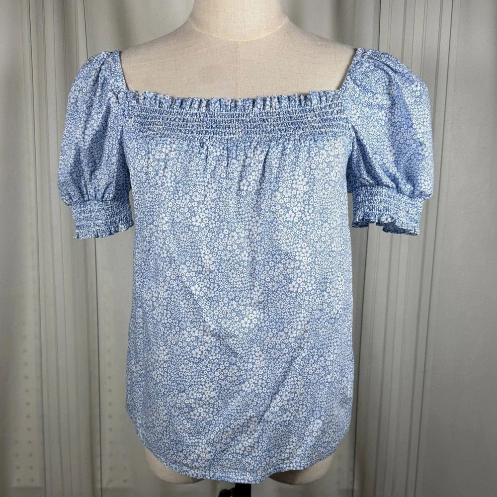 J.Crew XXS Liberty Fabric Floral Smocked Puff Sleeve Top Cotton Blue